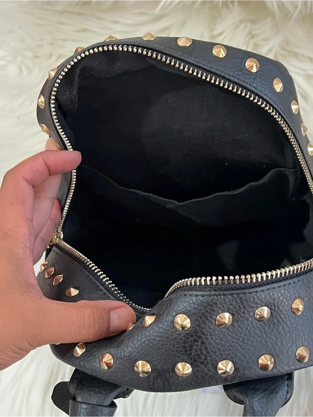 bebe Black Mini Studded Backpack with Gold Hardware